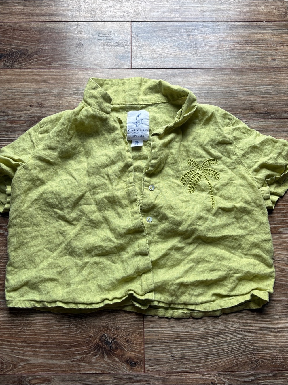 Calypso St. Barth womens Chartreuse Palm Embroidered Button-Front Shirt